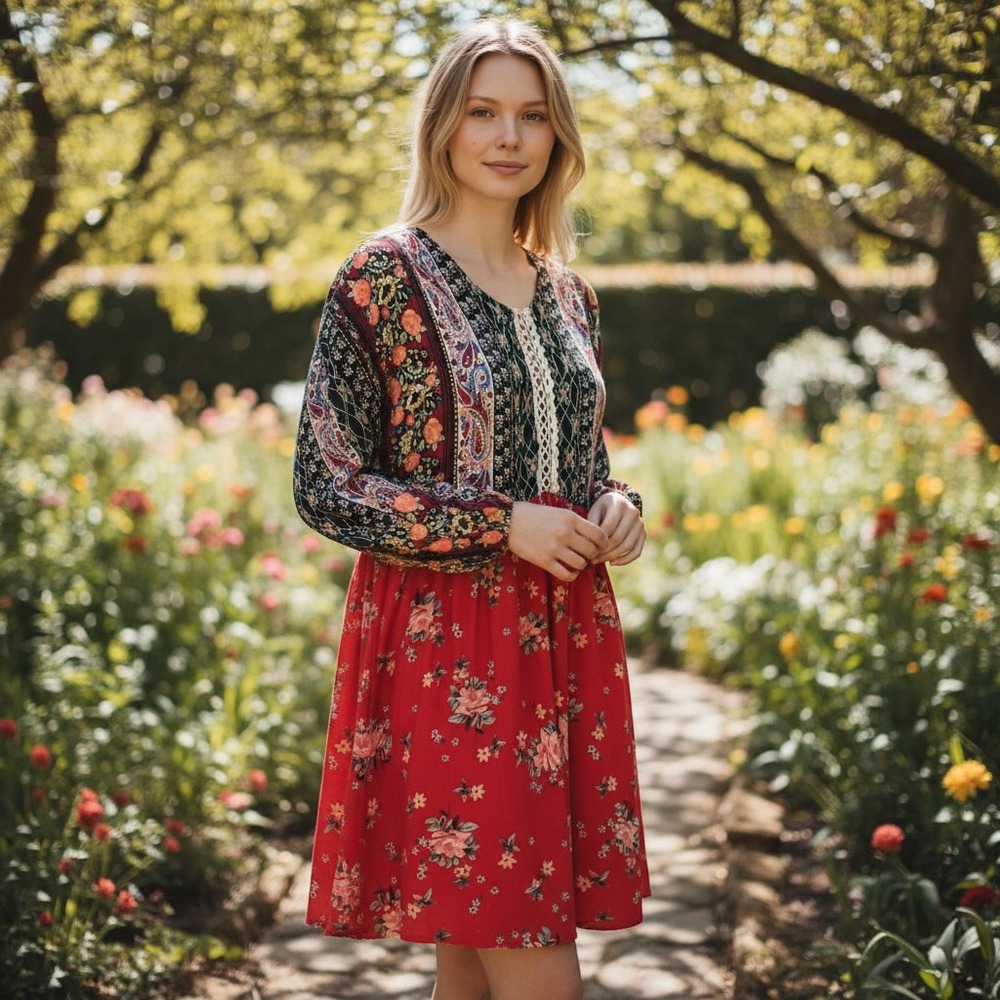 Umgee Boho Mixed Print Floral Paisley Babydoll Dress Red Black XL